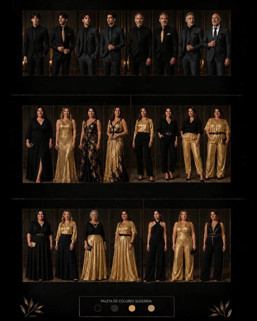 Inspiración de vestimenta formal Black & Gold: trajes, vestidos y conjuntos negros y dorados
